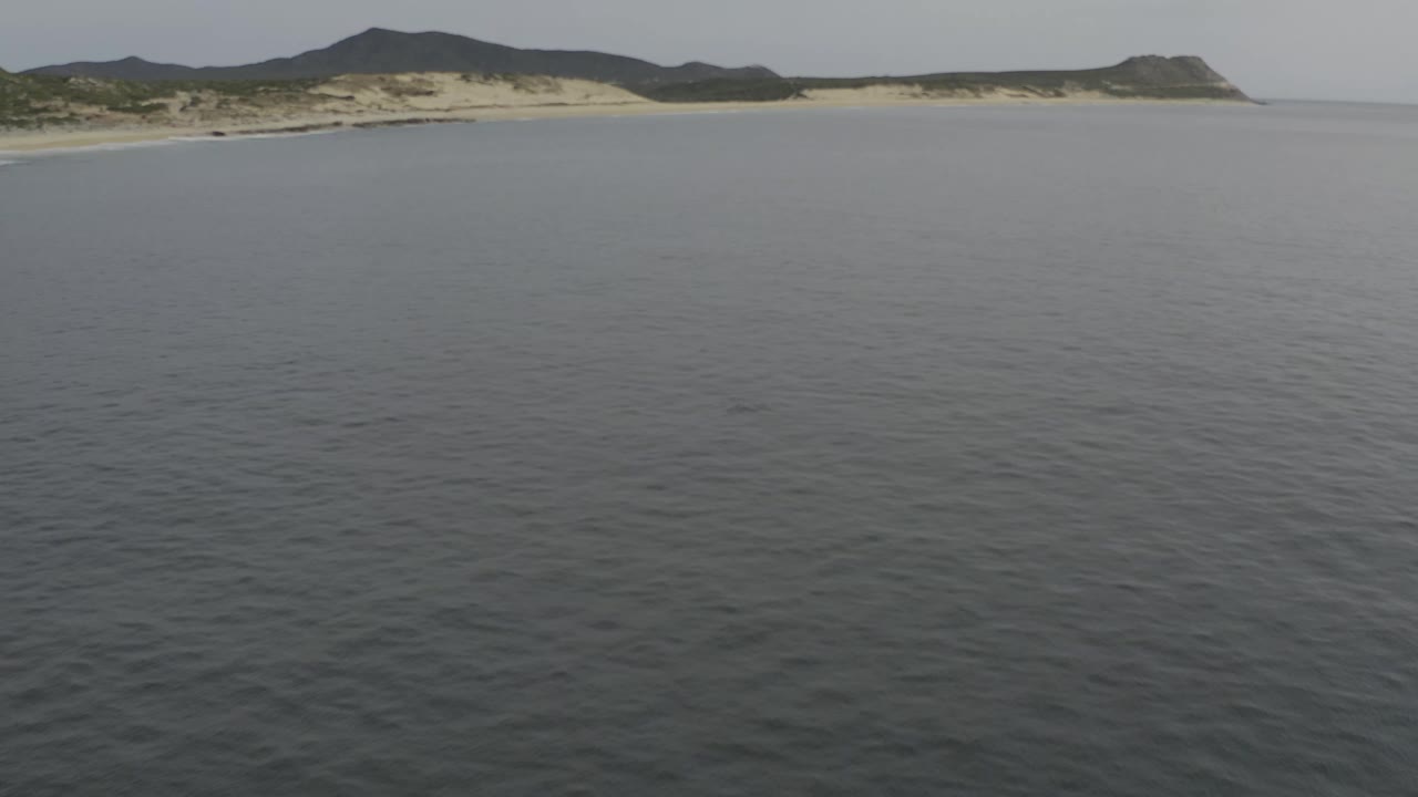 Wide aerial view of calm ocean facing a sandy coastline and low hills.