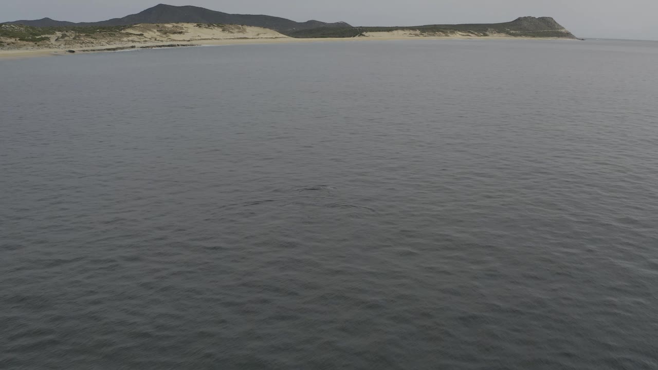 Muted grey-blue sea fills the frame below a distant strip of sand and low coastal hills, with no boats, buildings, or visible people.
