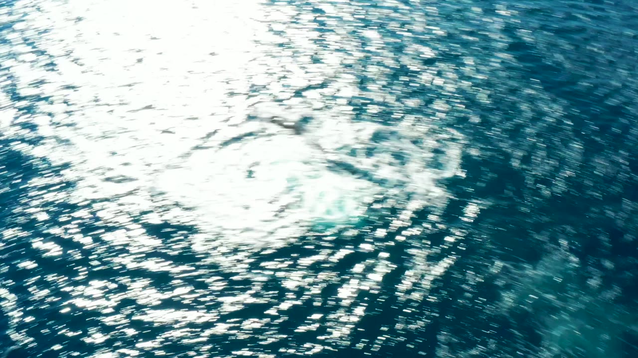 At Buzzards Beach East Cape BCS Mexico, a circular patch of white foam sits in a field of shimmering blue water with heavy reflected sunlight, with no visible people.