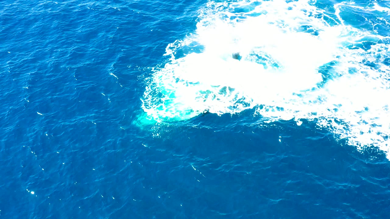 A curved mass of bright white wake foam sits near the top right over deep blue ocean at Buzzards Beach East Cape, leaving open water visible on the left and no visible people.