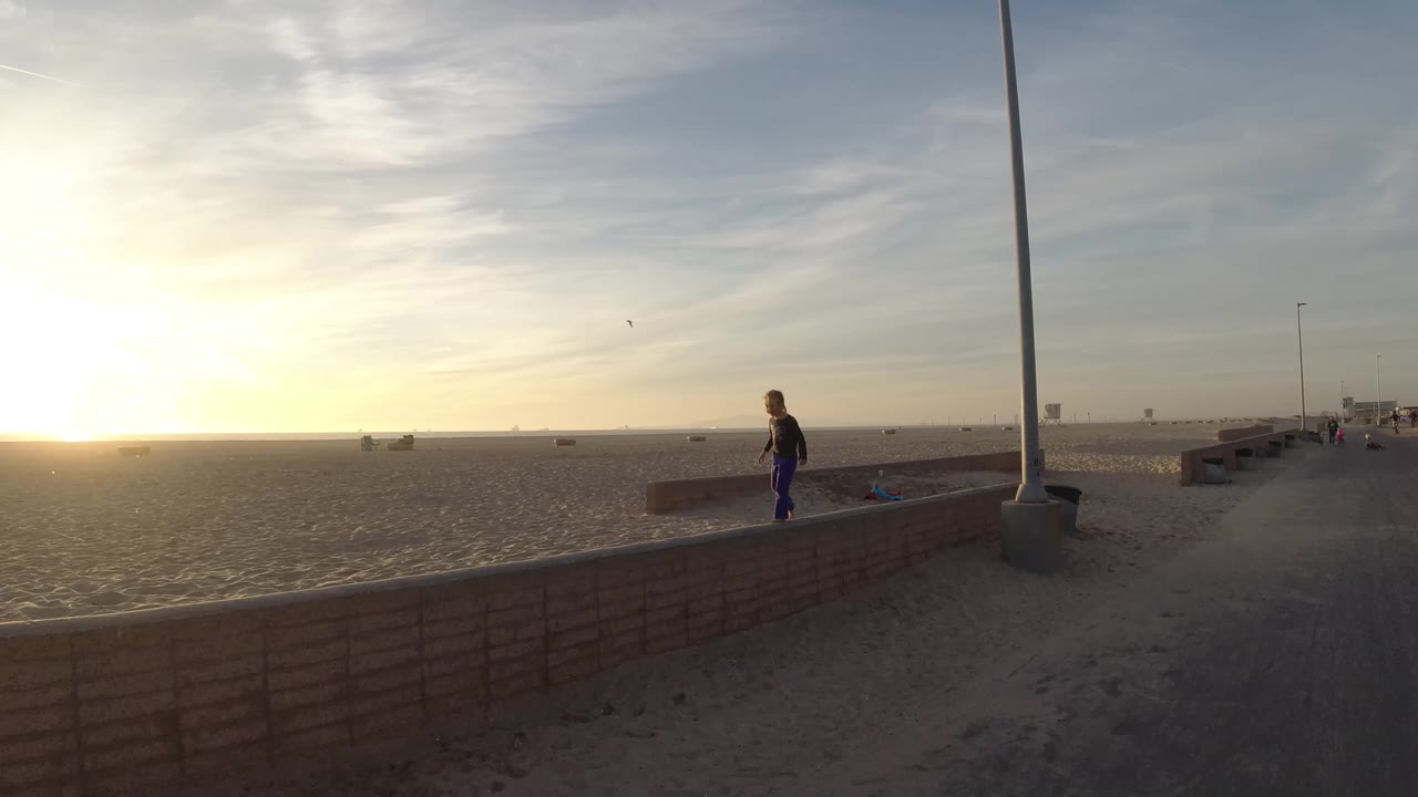 At Bolsa Chica California, the walker moves farther right along the low brick seawall, with the tall light pole in the foreground and sunset haze washing the beach behind them.