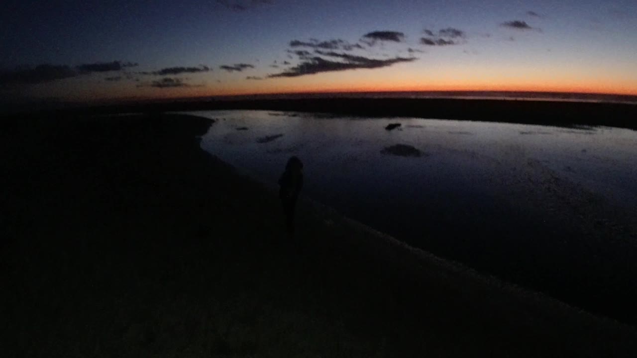 At Pismo Beach, the view shifts along the curved shoreline, showing the woman as a dark vertical shape beside the water and a narrow orange horizon under a darkening sky.