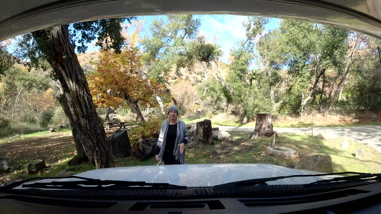 Windshield view in Ojai California with a pedestrian in a purple jacket near the grassy roadside, rocks, trees, picnic tables, and the vehicle hood visible below.