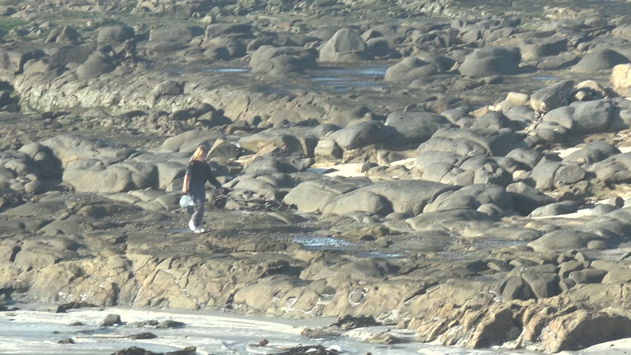 A person stands near the left side of a rocky shoreline in La Bocana BCS Mexico, holding a light bucket among rounded boulders and shallow pools.