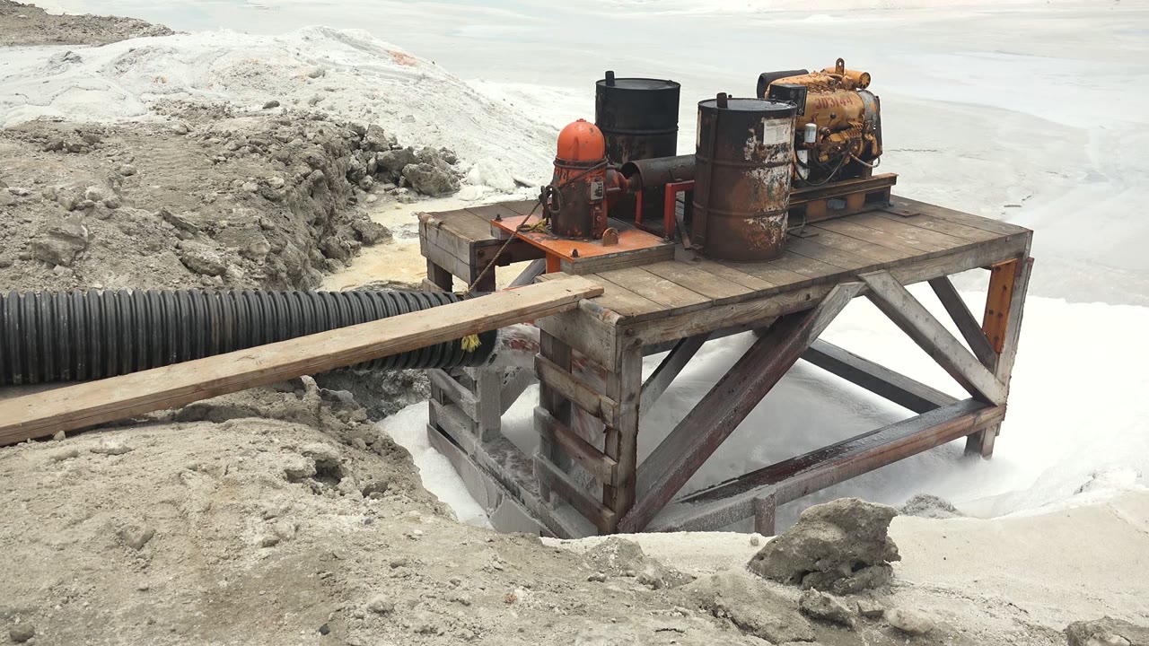 Wooden platform with rusted pump equipment, black barrels, an orange tank, a long plank, and a corrugated pipe in Guerrero Negro BCS Mexico, with no visible people.