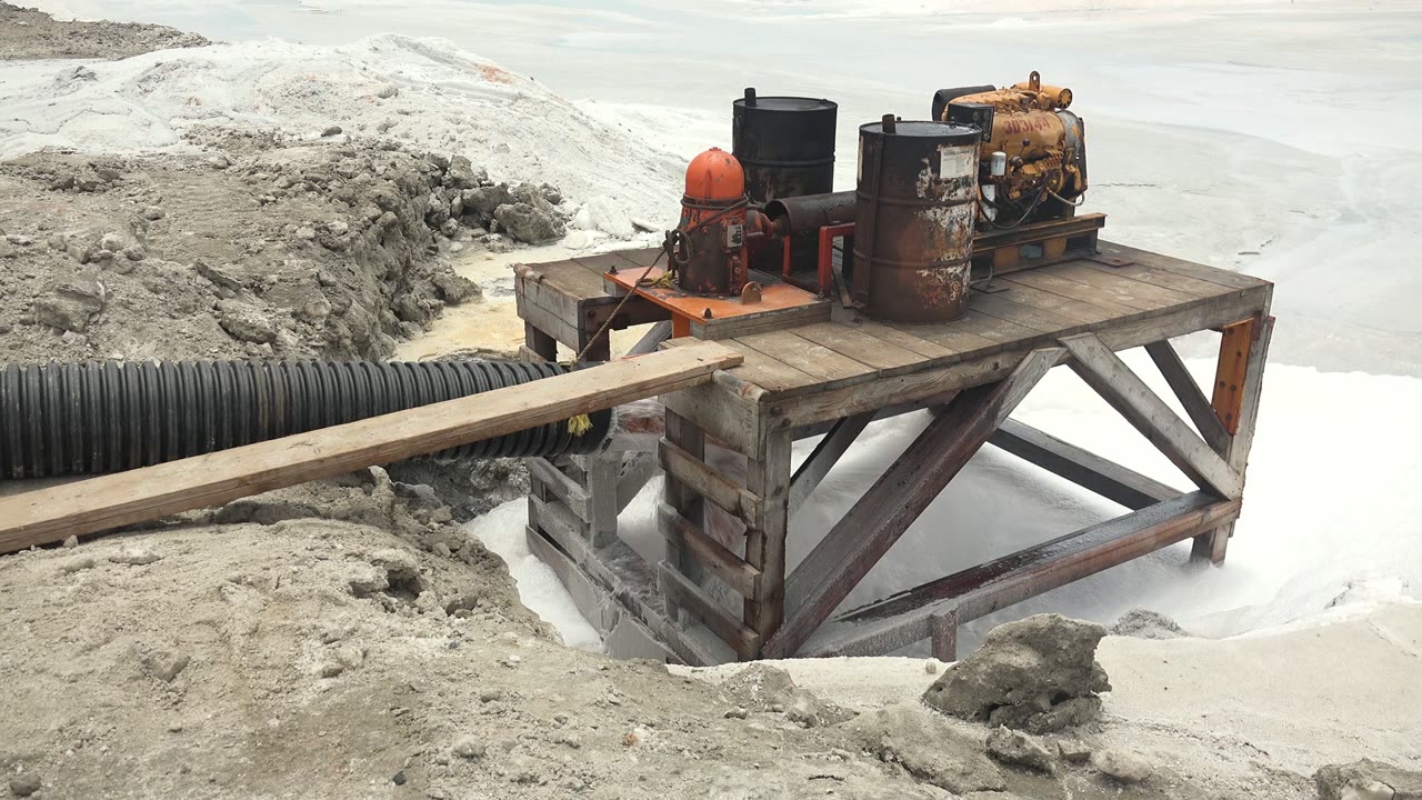 Wooden pump platform with pipe and muddy water, no people visible.