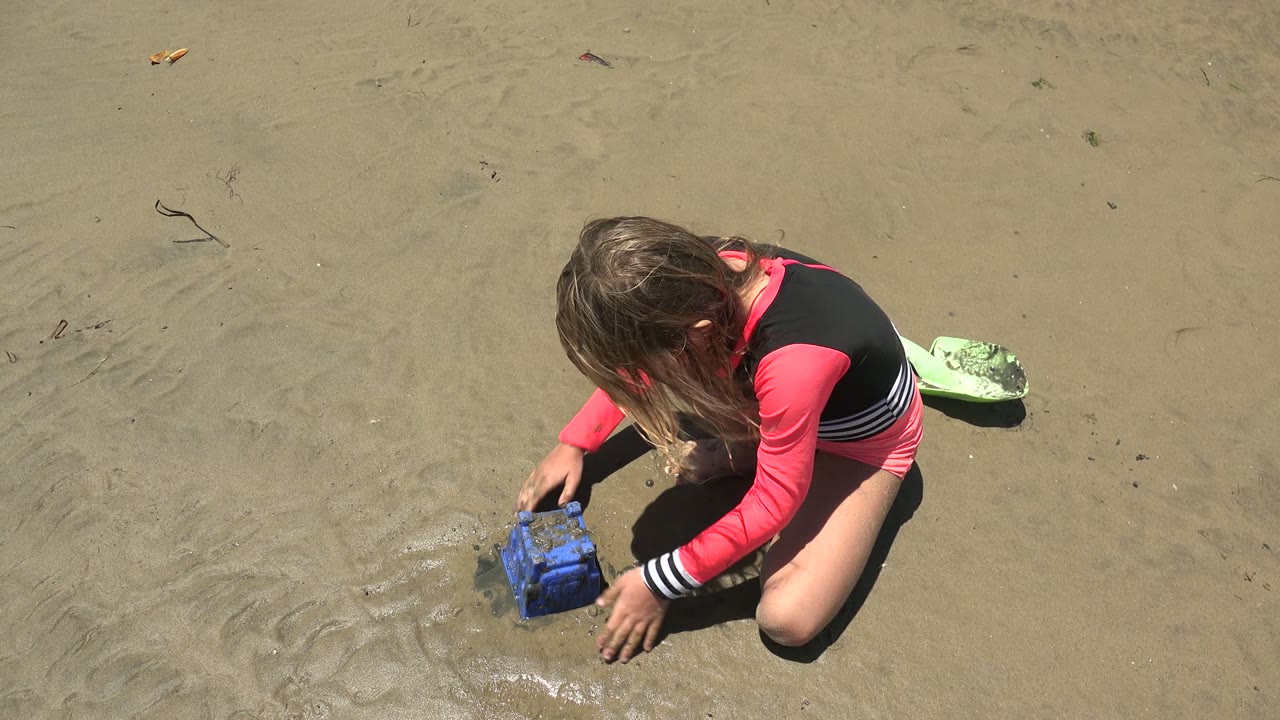 At 0:02 in San Carlos BCS Mexico, the blue toy sits in front of the kneeling child as one hand moves along the wet sand beside it.