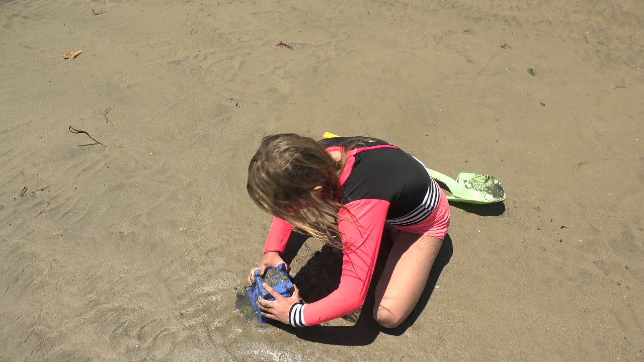 Child pressing a blue sand mold into wet beach sand.