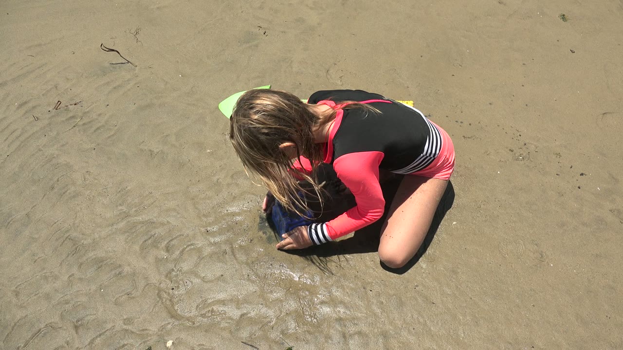 A close overhead view shows the girl crouched over the blue sandcastle mold on wet sand in San Carlos BCS Mexico, with the green shovel partly visible behind her.