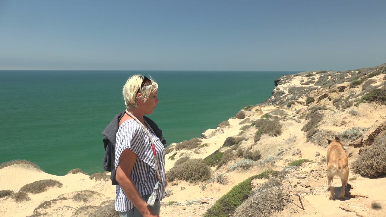 A profile view shows the woman continuing on the San Quintin, Mexico cliff path as the dog stands near the right side of the sandy slope above the green ocean.