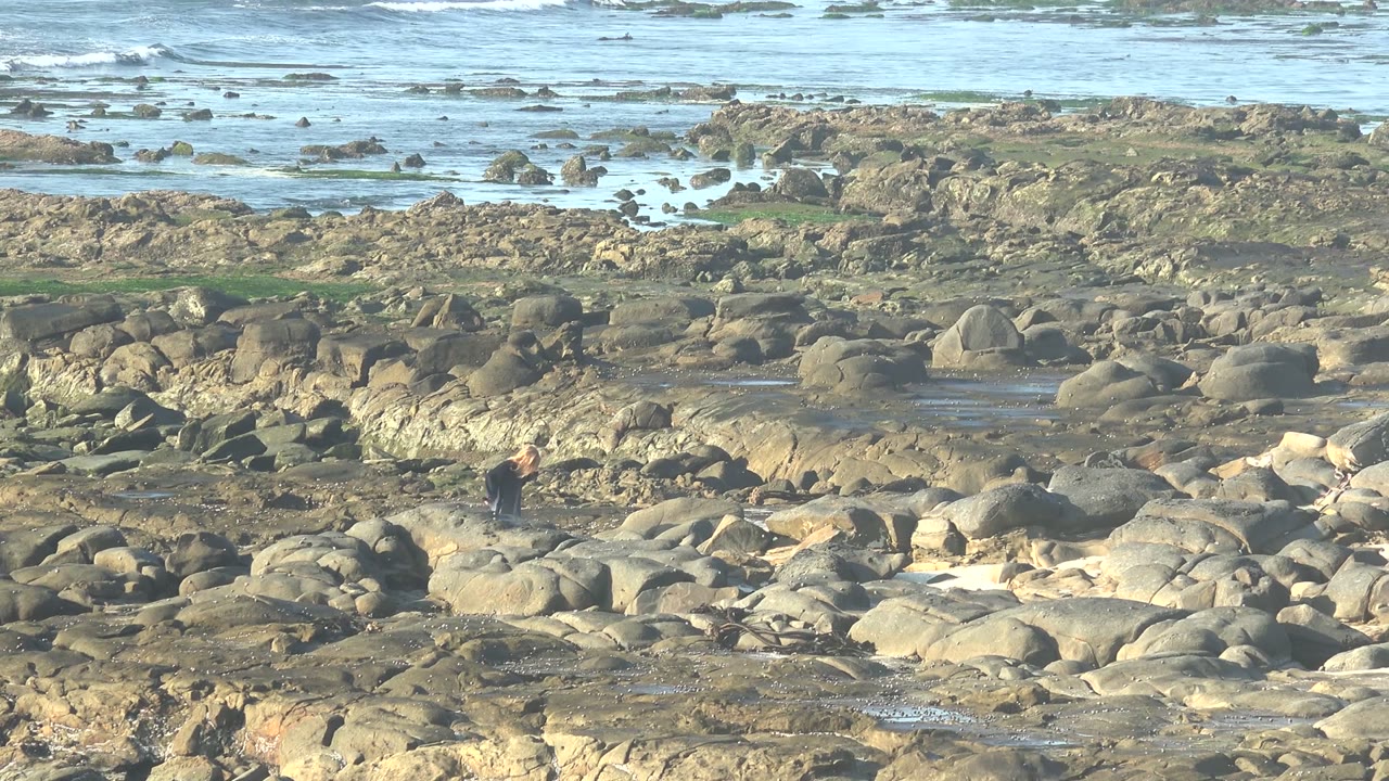At 0:02 in La Bocana BCS Mexico, the walker appears near the center of the rocky shore with rounded boulders in front and thin tide pools behind.