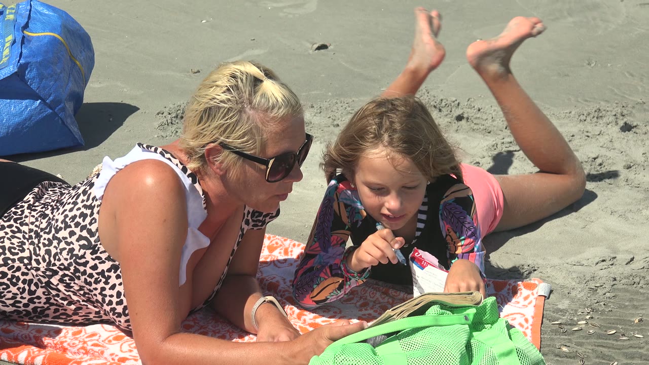 Child holds a pen near a book while a woman watches on the sand.