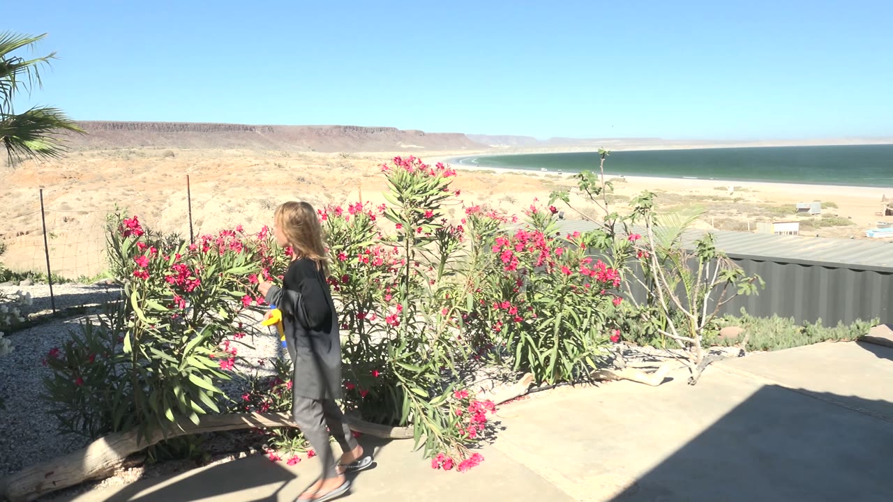 Woman near flowering shrubs and patio overlooking water