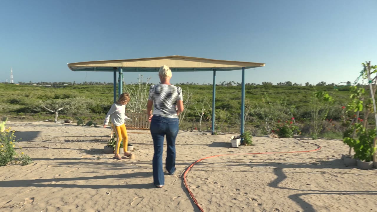 In San Carlos BCS Mexico, a woman seen from behind and a child walk over sandy ground toward a roofed shelter with blue posts and potted plants.