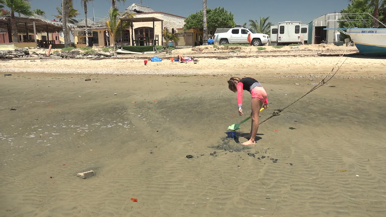 Girl leaning over a blue bucket on wet sand.