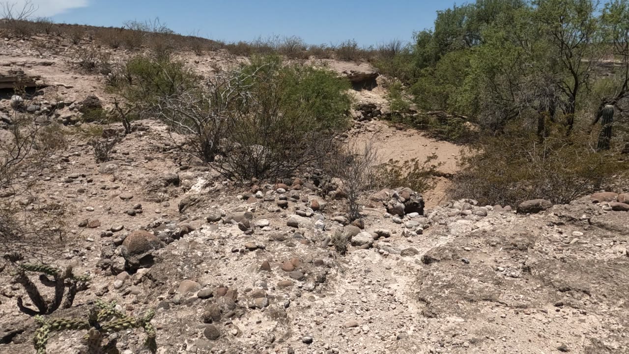 Baja California Mexico desert wash with loose rocks, brush, sandy channels, low hillside, a small dark ground opening, and no visible people.