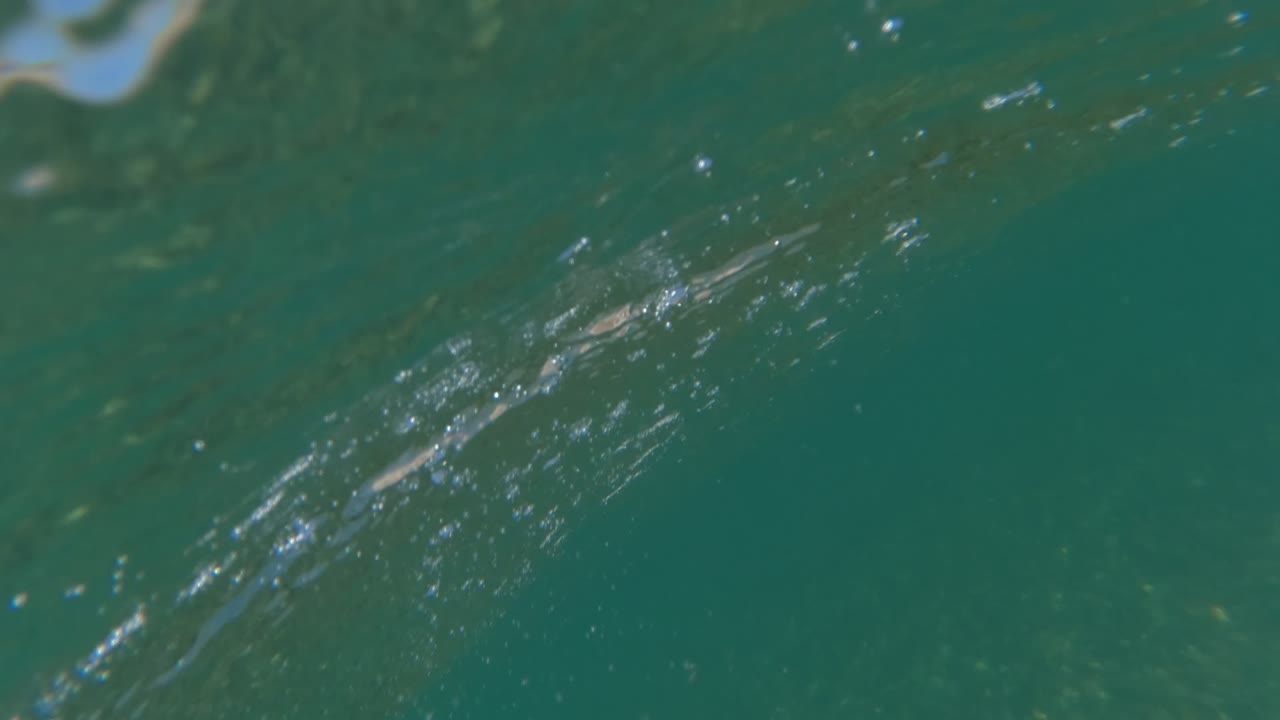 Submerged view in Baja California Mexico looking through green water with ripples, suspended bubbles, and dark shoreline shapes faintly visible near the top edge, no visible people.