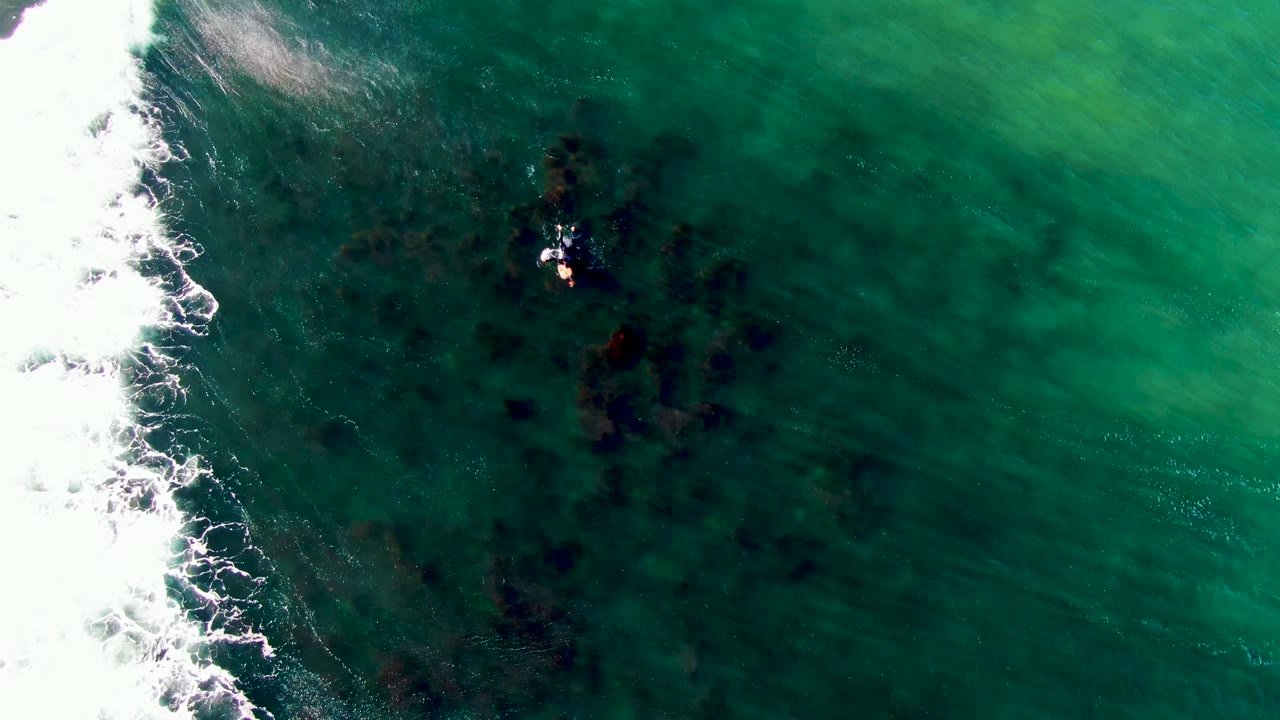 Overhead frame from La Bocana, Baja California Sur showing a small swimmer in clear turquoise water with dark seabed patches and white surf entering from the left.