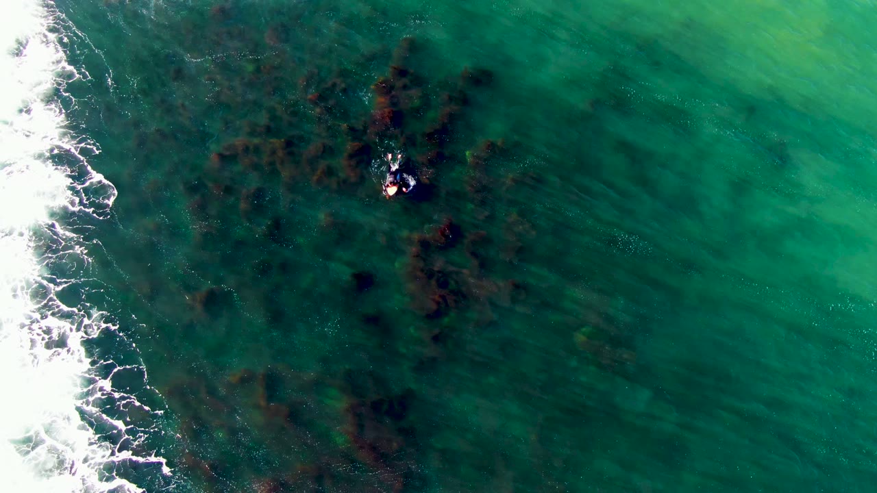 Swimmer over shallow green-blue water with reef-like patches below.