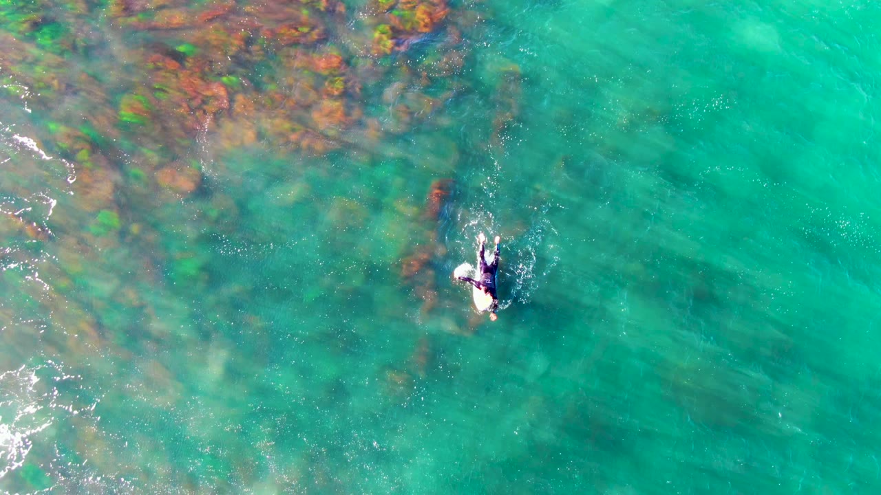 Swimmer centered below an overhead drone view with clear green-blue water.