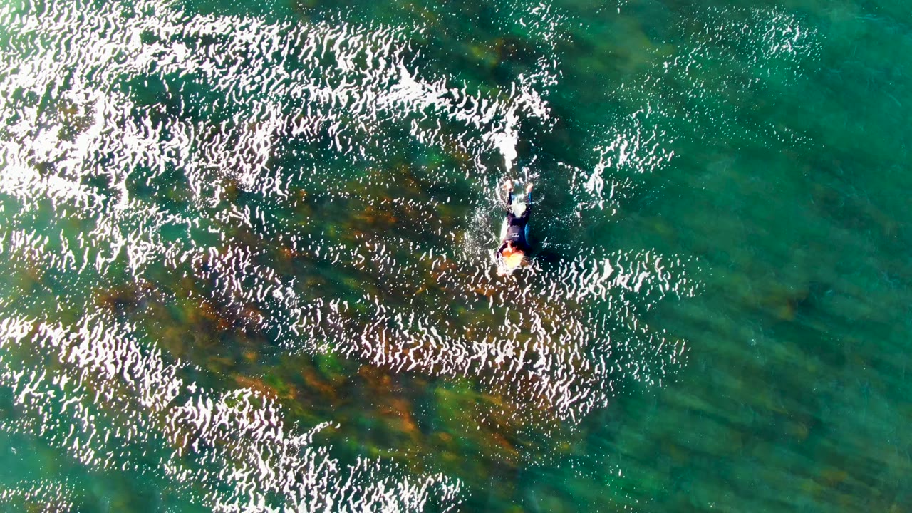 At La Bocana, Baja California Sur, Mexico, a swimmer remains high in frame while curved foam lines and brown-green underwater vegetation show through the turquoise sea.