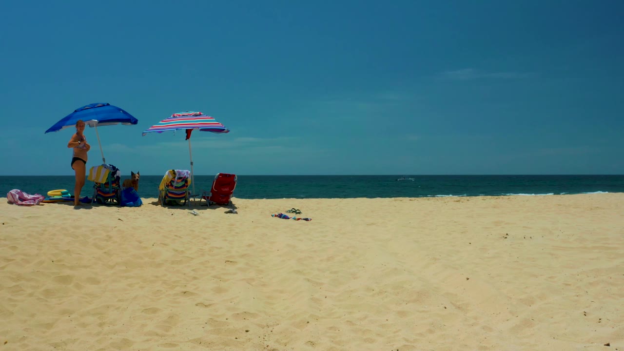 Umbrellas and beach chairs on a wide sandy beach with ocean beyond.