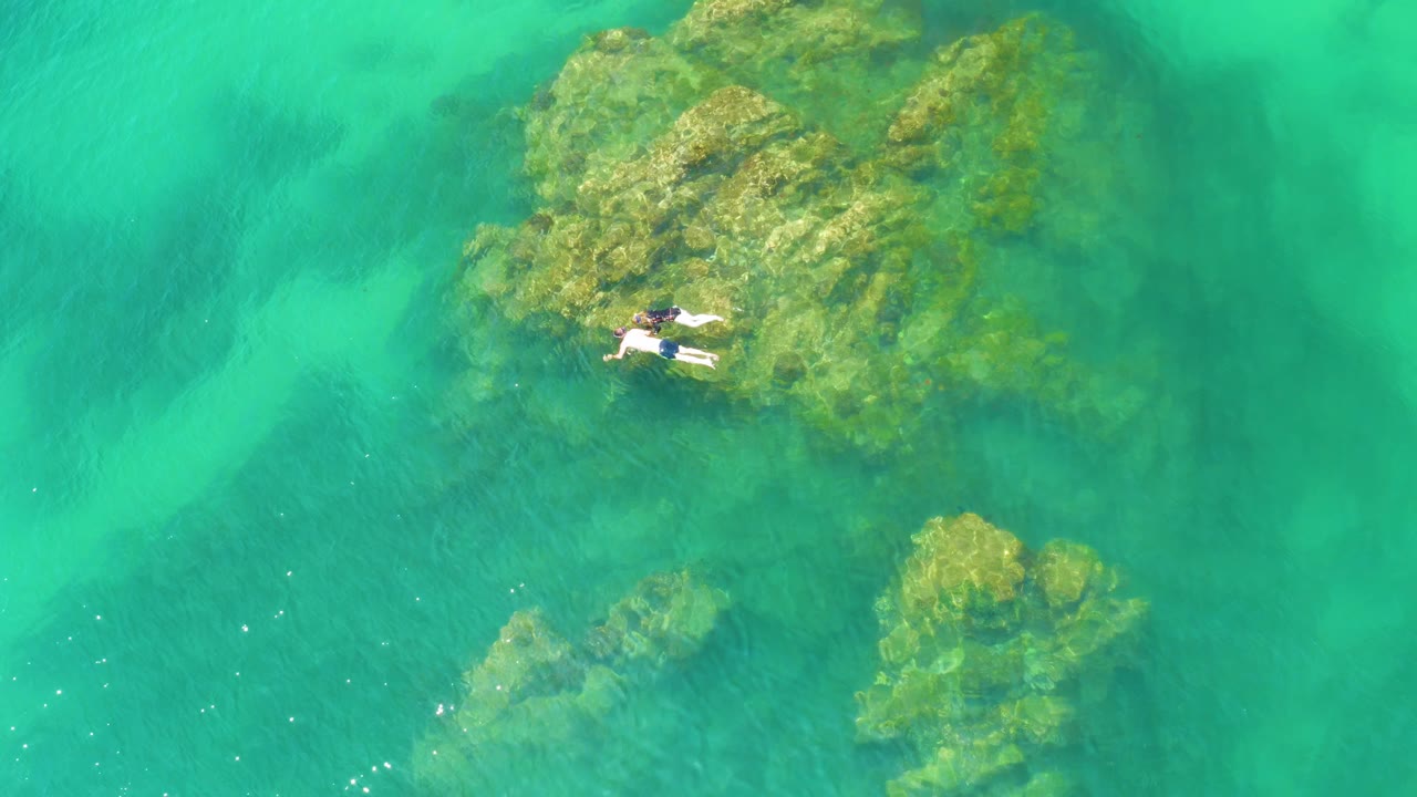 Opening frame from Palmilla Beach shows a snorkeler floating above a large green reef formation in clear turquoise water.