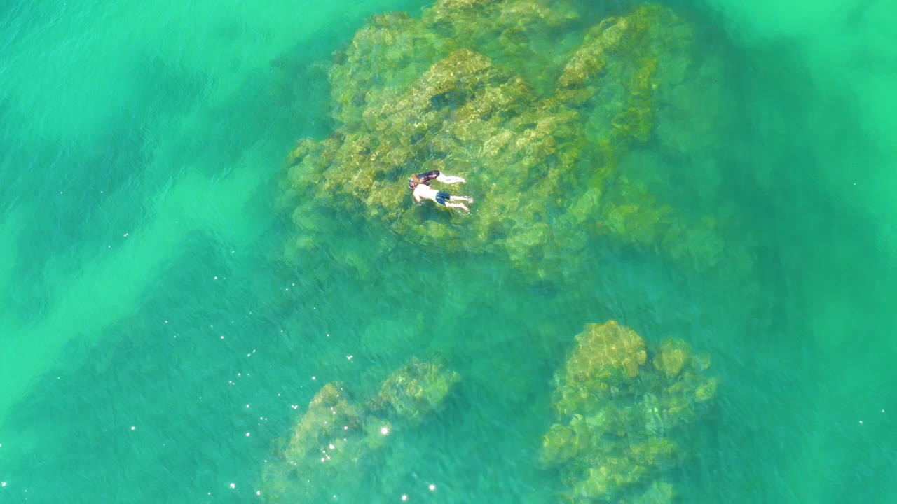 Snorkeler floating over reef in turquoise water.