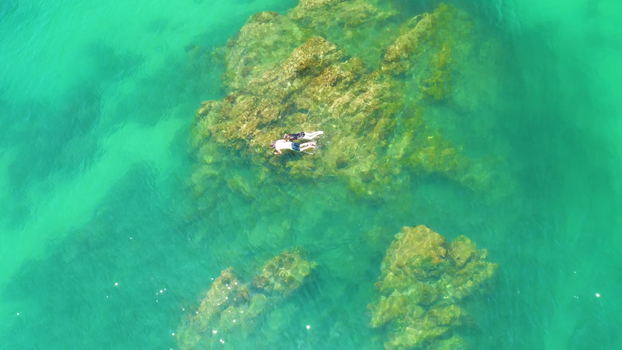 At 0:02, the overhead drone view keeps the surfer near the reef edge while pale turquoise sand or shallow water areas contrast with darker submerged rock.