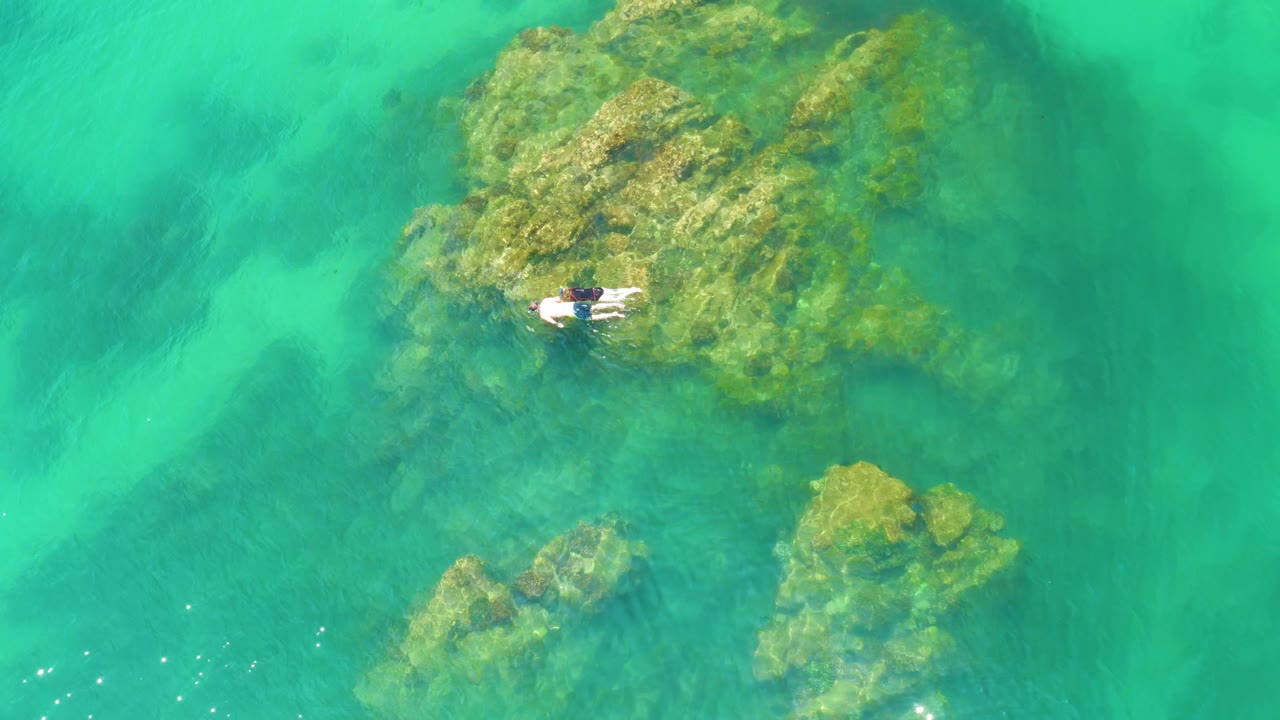 Surfer on a white board near the center of a top-down reef view.