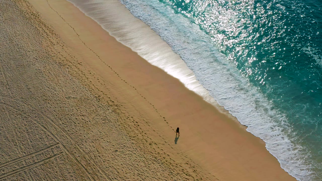 Aerial shoreline with one person walking below sparkling ocean water.