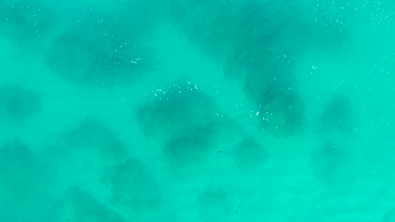 Aerial frame of blue-green water in Desert Park Natural Reserve, Baja California Sur, where dark underwater areas sit beneath a smooth surface with no visible people.