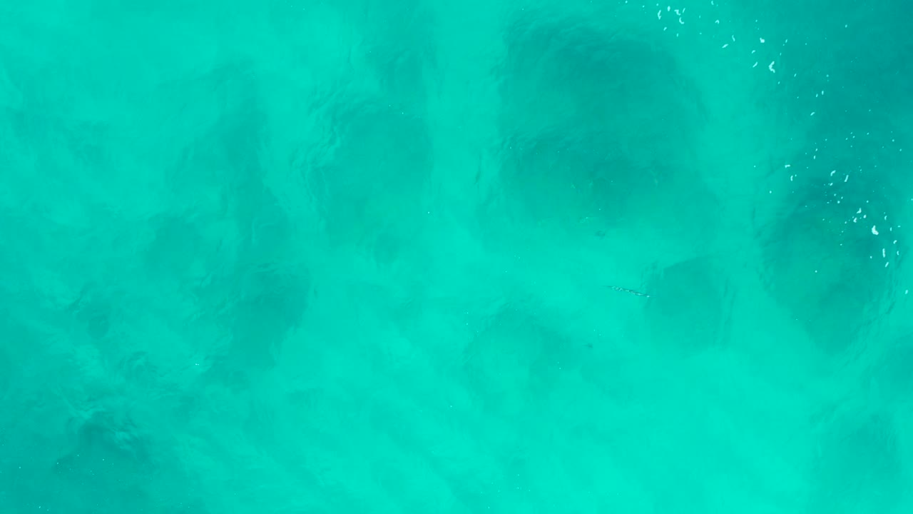 Top-down aerial frame of turquoise water in Baja California Sur with darker underwater patches near the center and faint surface bubbles, no visible people.