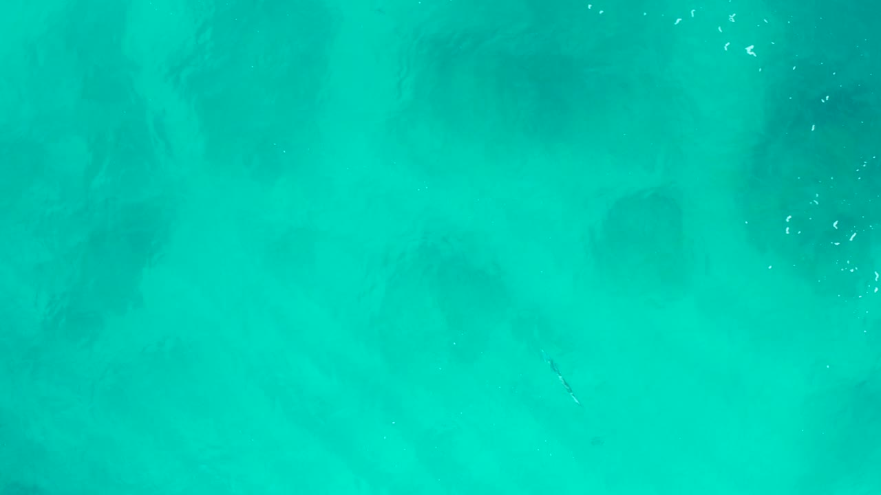 Overhead frame of bright teal water in Baja California Sur, Mexico, with faint foam flecks along the right side and no visible people.