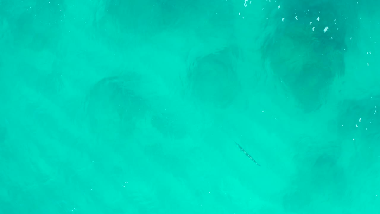 Bright turquoise water from an overhead aerial angle in Baja California Sur with faint shadow forms and scattered white foam, no visible people.