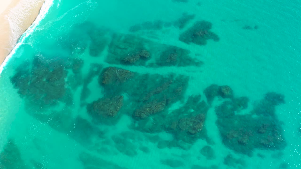 At 0:01, the Desert Park Natural Reserve reef remains centered under clear turquoise water, with pale sand and foamy surf clipping the upper left border and no visible people.