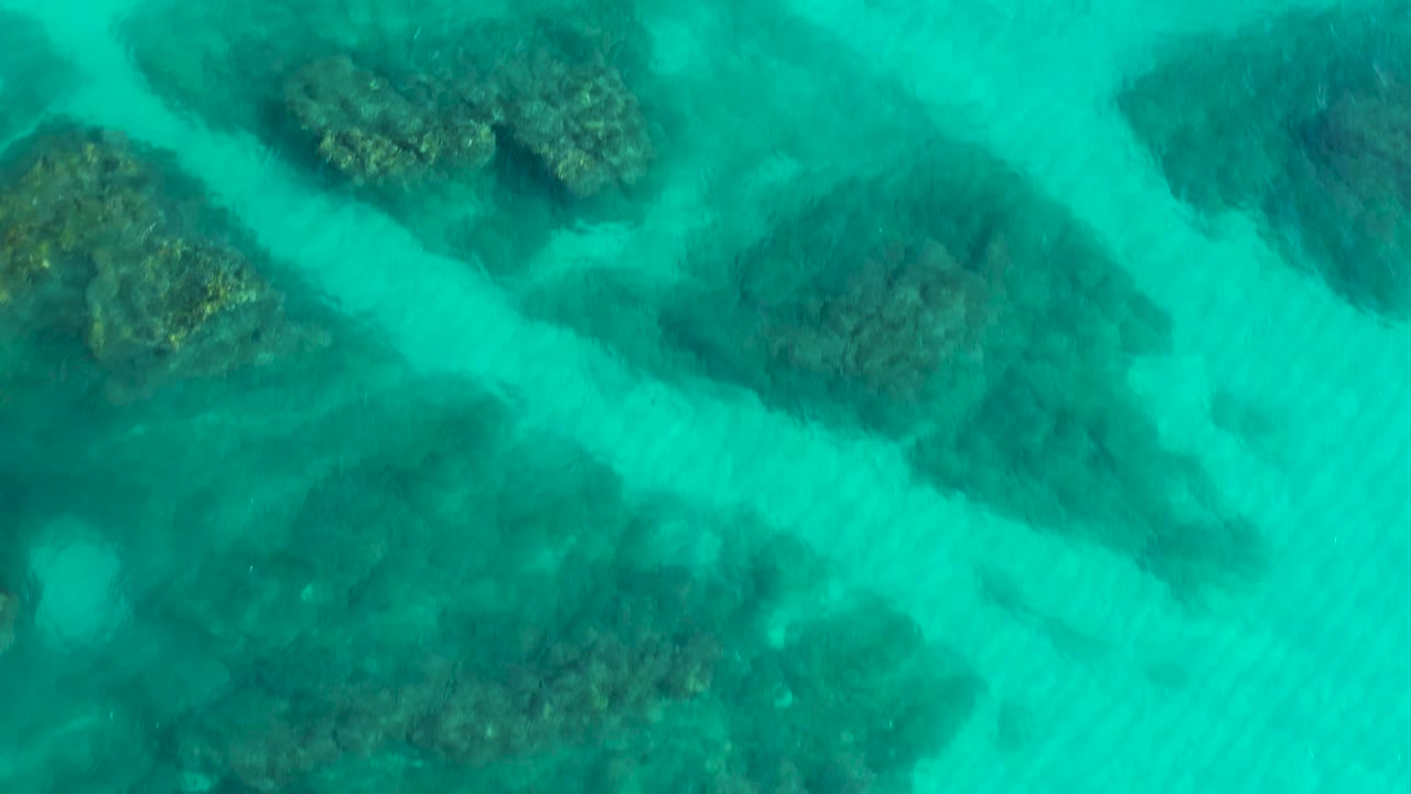 Overhead frame of aquamarine water with large dark reef patches and pale sandy gaps beneath the surface in Desert Park Natural Reserve, Baja California Sur, Mexico, with no visible people.