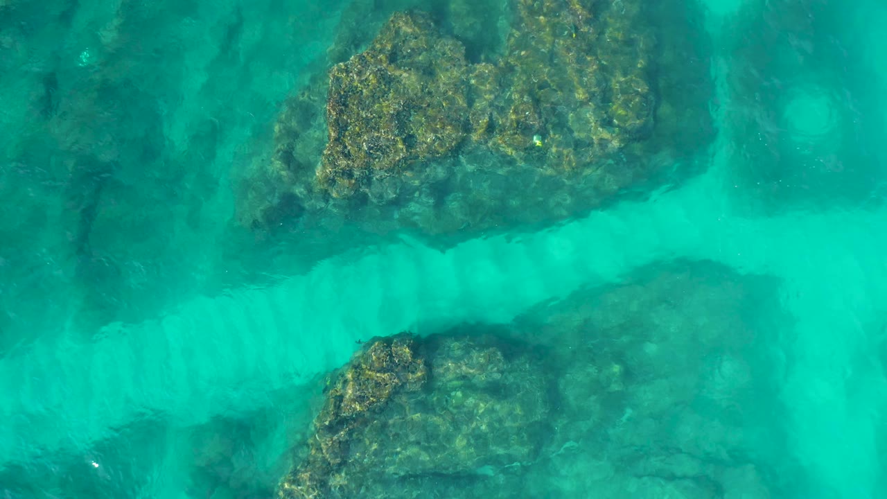 A top-down frame shows broad turquoise water over uneven submerged rocks, with the main algae-textured rock sitting near the top right and no visible people.