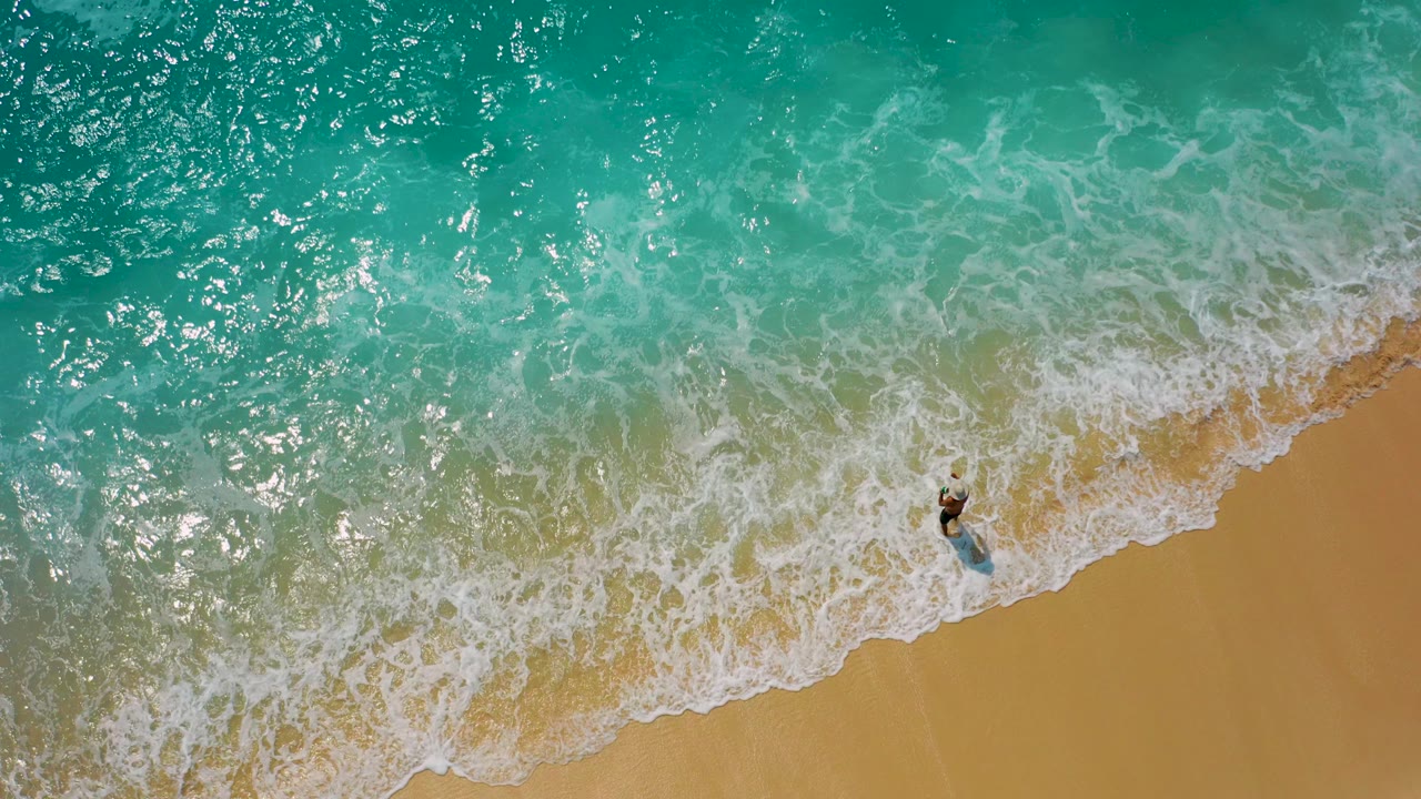 High aerial frame in Desert Park Natural Reserve, Baja California Sur, showing a small surfer near foamy turquoise water as waves wash onto golden sand.