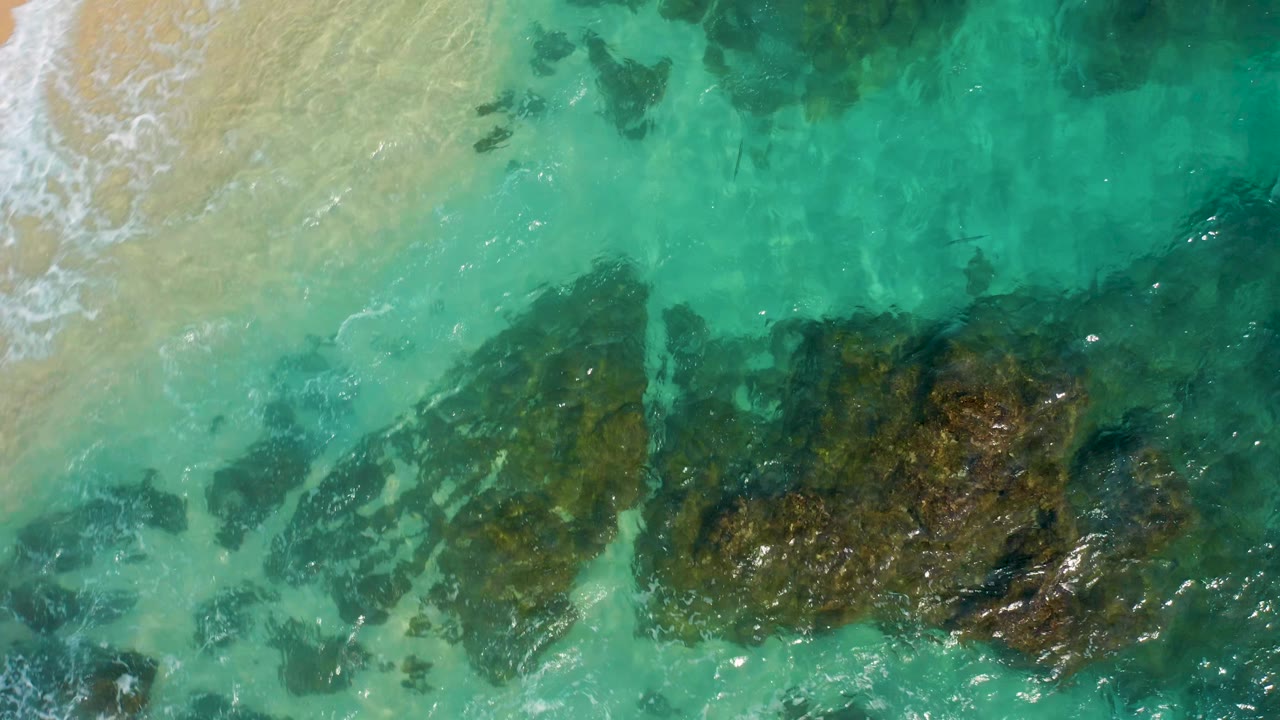 Overhead view from Desert Park Natural Reserve with tan sand on the left, clear green-blue water in the center, and dark rocks clustered across the lower half, with no visible people.