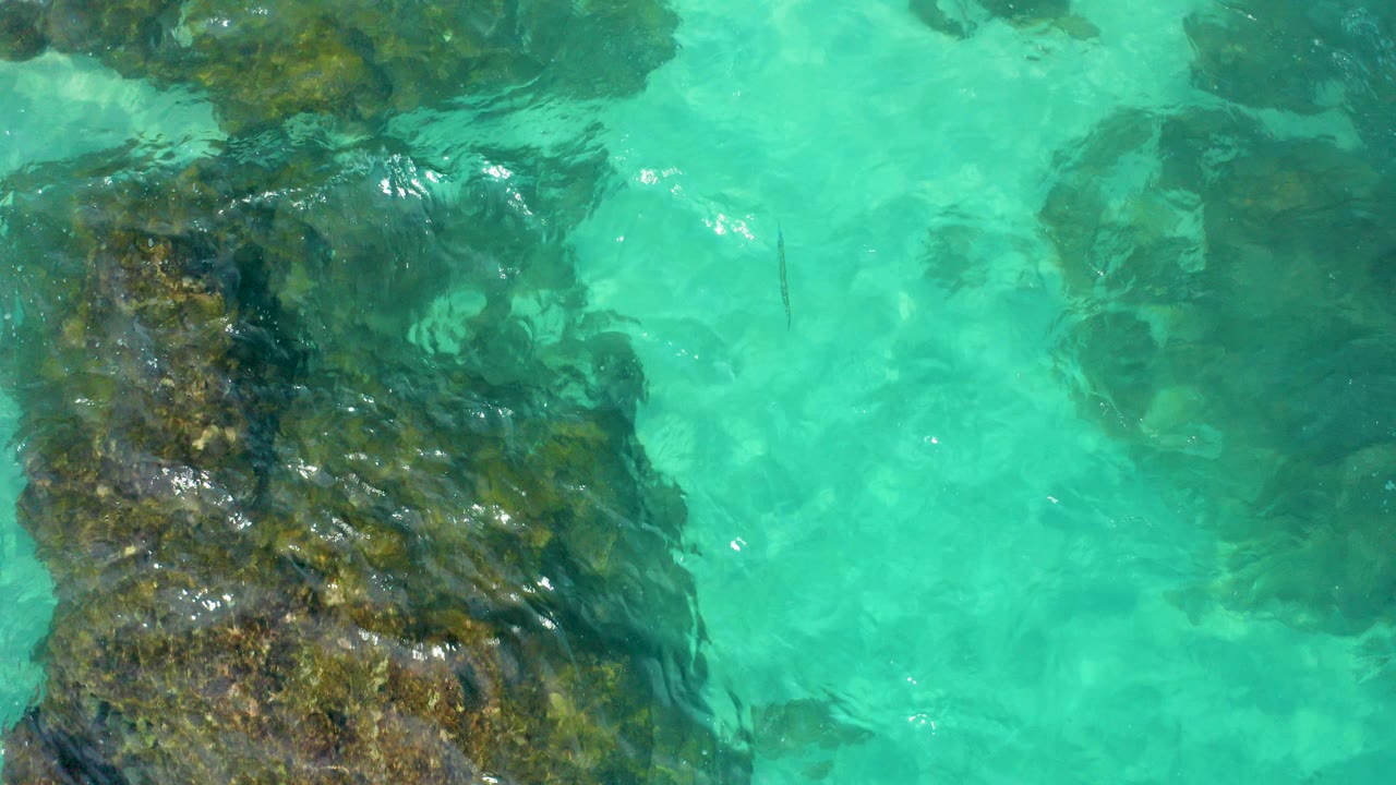 Turquoise water over dark rocky reef