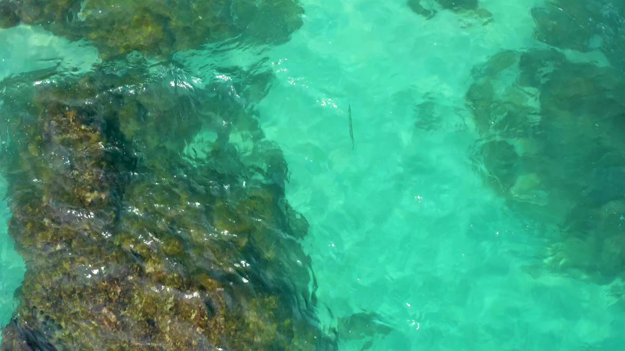 Clear turquoise water ripples across a large dark reef section and pale seabed in Baja California Sur, Mexico, with no visible people.