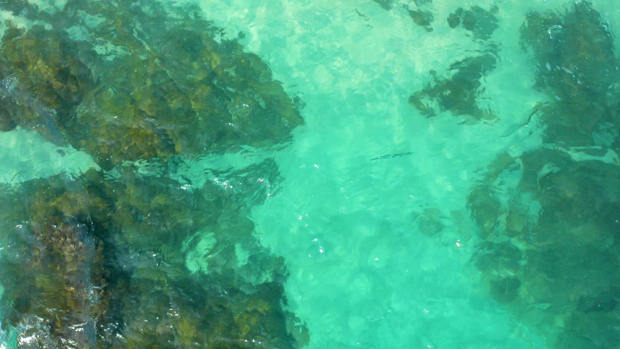 Top-down view of turquoise water over dark submerged rocks in Baja California Sur, with rippled surface light and no visible people.