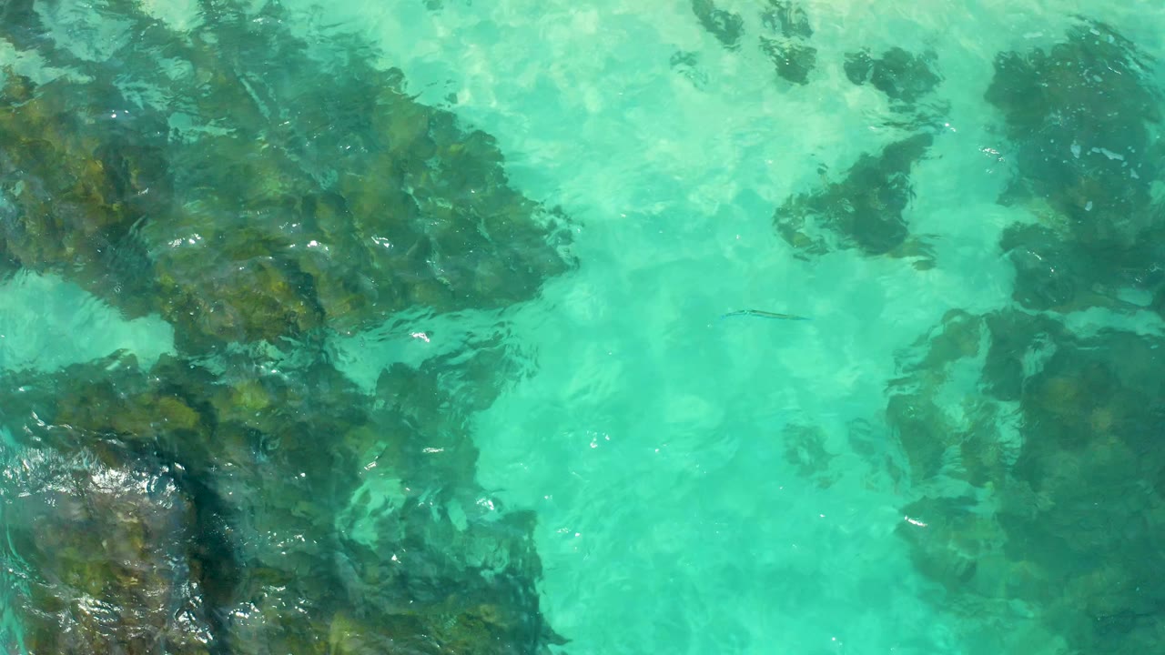 Clear green-blue sea reveals submerged rock patches in Baja California Sur, with small bright highlights on the water and no visible people.