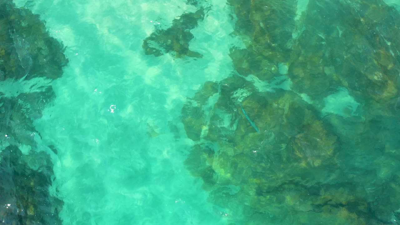 Submerged rocky seafloor is visible through turquoise water in Baja California Sur, Mexico, with soft ripples bending the rock outlines and no visible people.