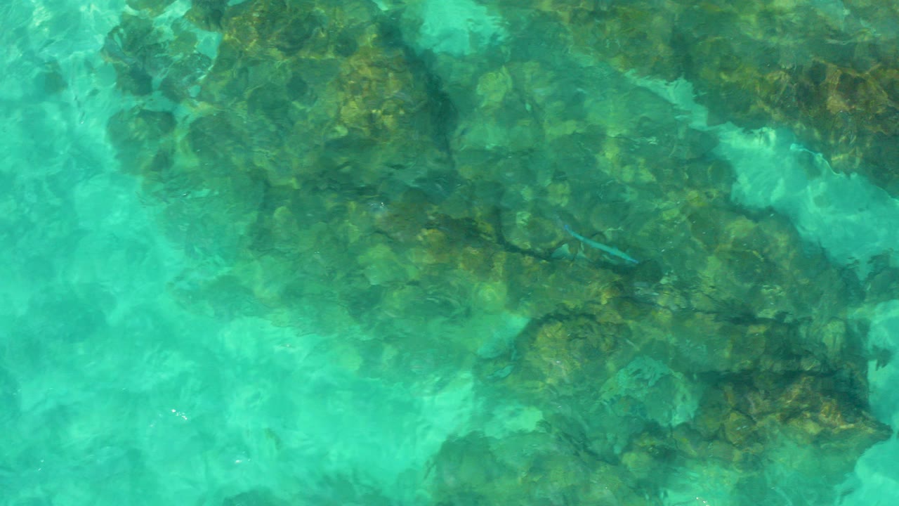 Top-down aerial view of turquoise water over dark submerged reef and pale sand in Baja California Sur, Mexico, with no visible people.