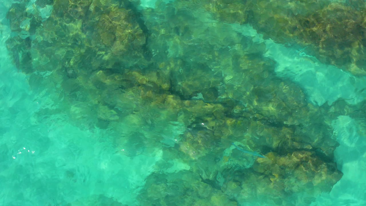 A high-angle aerial frame shows reef and sand visible through green-blue water in Baja California Sur, Mexico, with no visible people.