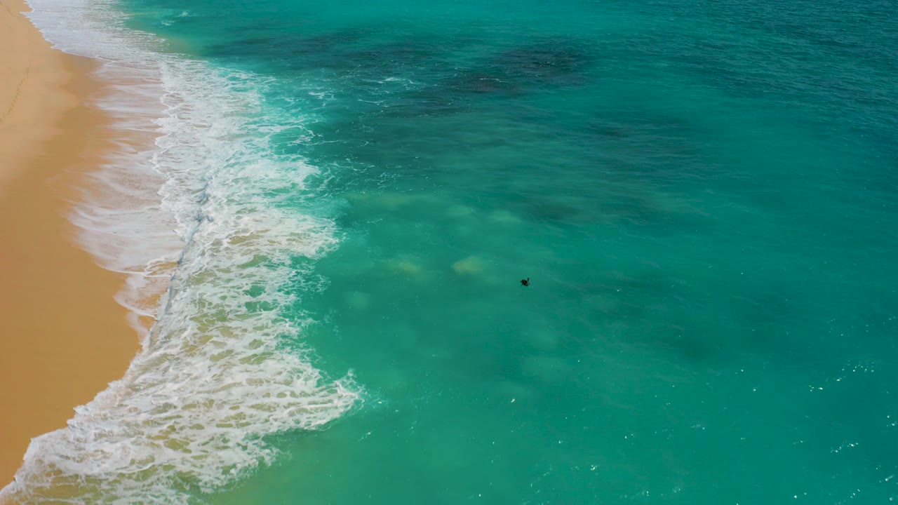 High aerial view over Desert Park Natural Reserve coastline in Baja California Sur, with white surf curling onto tan sand and a tiny swimmer visible in turquoise water.