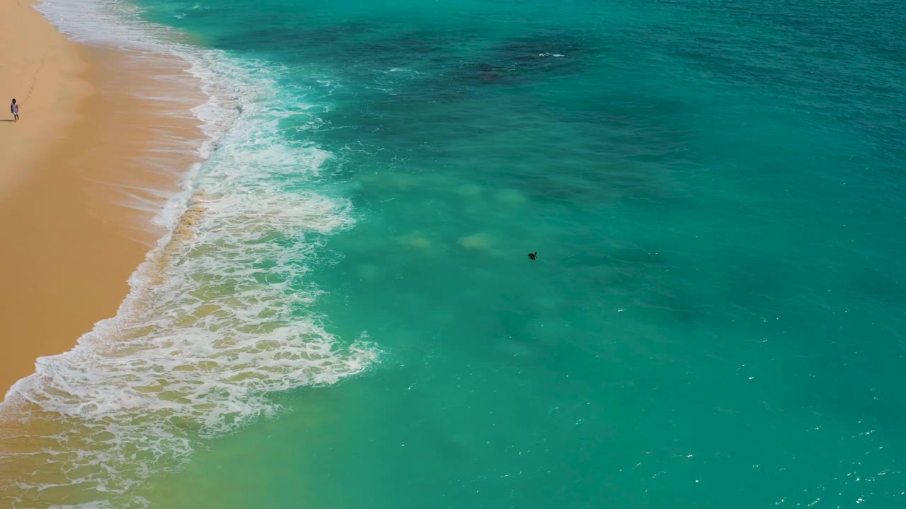 Drone view of the Desert Park Natural Reserve shoreline with tan sand along the left edge, foamy surf near shore, and a tiny swimmer farther out in clear turquoise water.