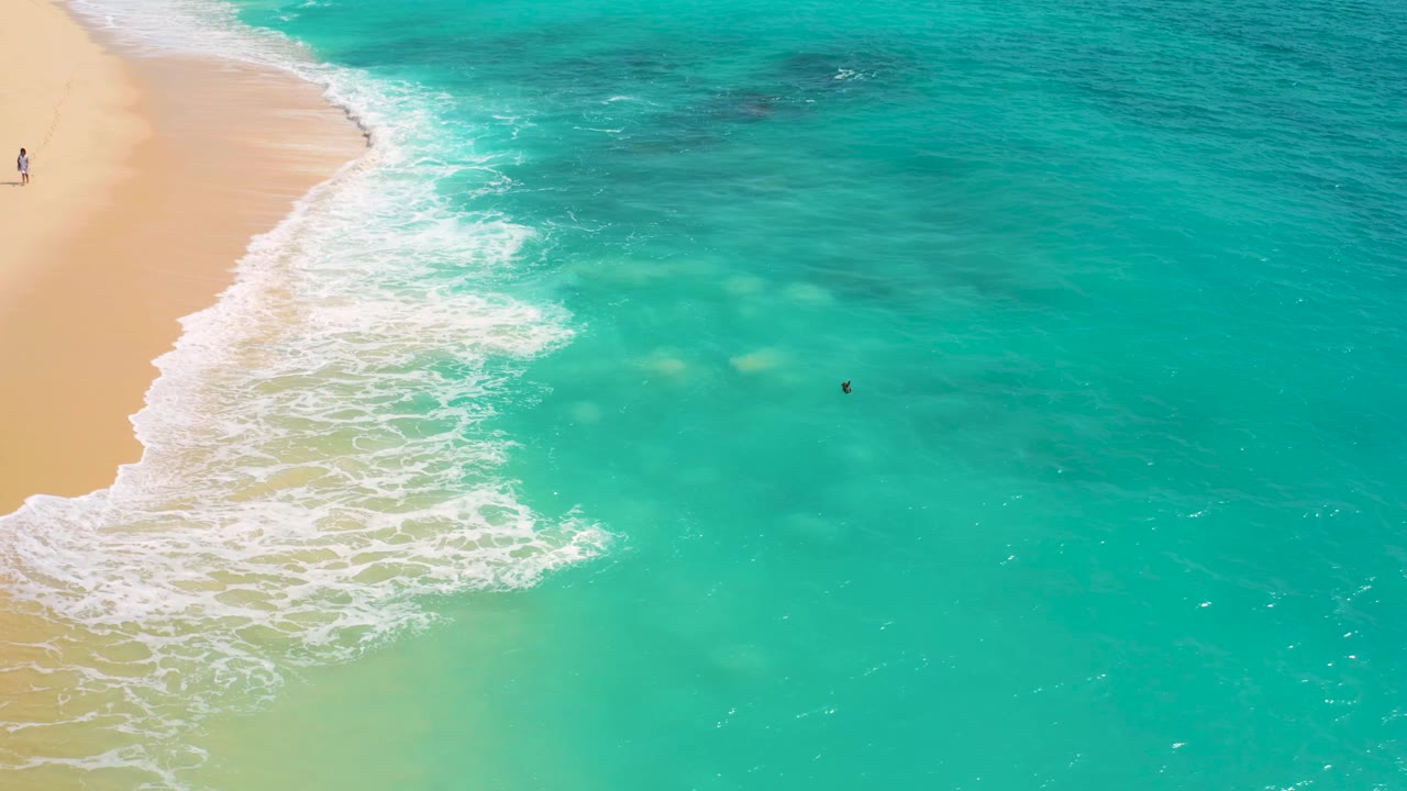 Aerial shoreline with surf foam and open blue-green water.